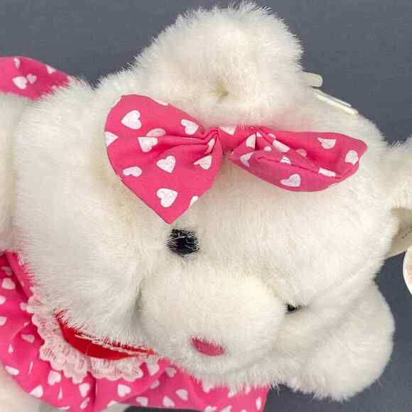VTG Valentine Teddy Bear Plush Stuffed Animal White Pink Hearts Skirt 12" New - Picture 3 of 12